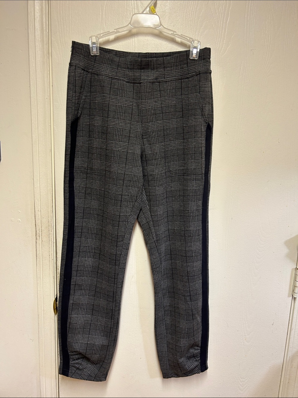 Cropped Plaid Ankle Pants with Side Stripe - Gray